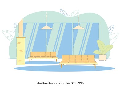 Airport Terminal Comfortable Waiting Hall with Benches for Passengers Waiting Airplane Boarding. Aircraft Transportation Public Open Space Interior Background. Flat Cartoon Vector iLlustration.