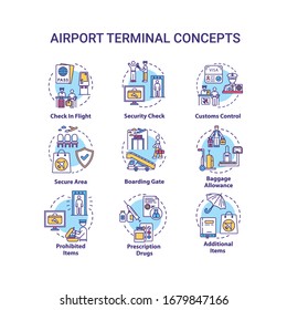 Airport terminal concept icons set. Security check, boarding gate idea thin line RGB color illustrations. Customs control, baggage allowance. Vector isolated outline drawings. Editable stroke