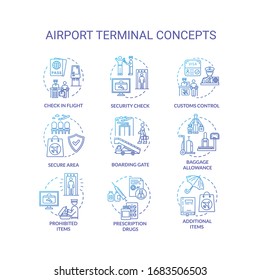 Airport Terminal Concept Icons Set. Security Check, Boarding Gate Idea Thin Line RGB Color Illustrations. Customs Control, Baggage Allowance. Vector Isolated Outline Drawings