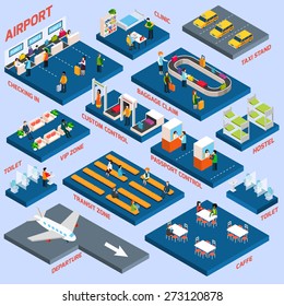 Airport terminal concept with passenger transportation and lounge zone isometric icons vector illustration