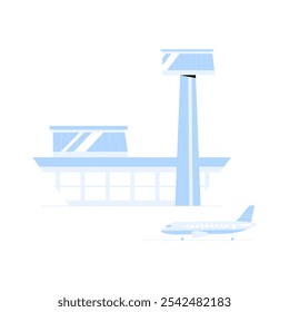 Airport Terminal With Control Tower And Airplane In Flat Vector Illustration Symbolizing Air Travel, Aviation Infrastructure, And Transportation, Isolated On White Background.