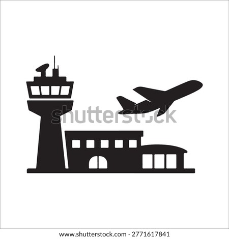 Airport Terminal with Control Tower and Airplane Takeoff Silhouette Icon: Aviation and Travel Concept
