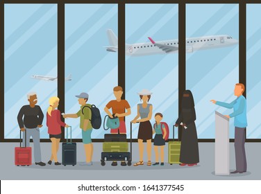 Airport terminal departure or check-inn hall vector illustration. Different people with tickets boarding passes and luggage waiting for airports opening boarding gate registration counter.
