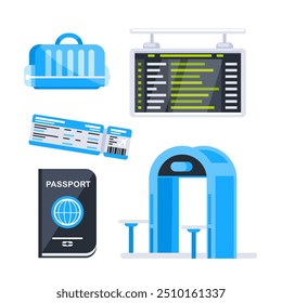 Airport terminal design elements. Traveling by plane. Travel concept. Tourist characters receive passport control.