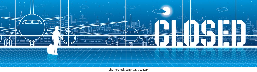 Airport terminal does not work. Air traffic closed. Quarantine. Airplanes stand on the runway. Vector illustration