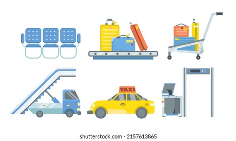 Airport terminal elements cartoon illustration set. Taxi, metal detection arche, baggage conveyor belt, waiting room, hand luggage cart, forklift. Arrival, airline, transportation concept