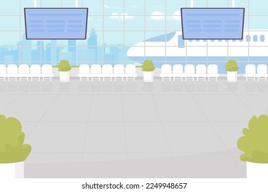 Airport terminal flat color vector illustration. Waiting area for passengers. Departure lounge. Vacation trip. Fully editable 2D simple cartoon interior with large windows and airliner on background