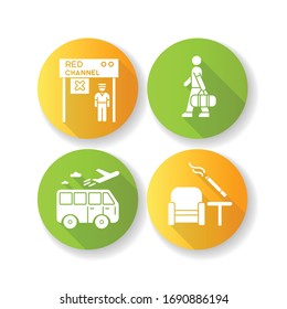 Airport terminal flat design long shadow glyph icons set. Boarding passage closed. Male passenger with bag. Smoking zone inside. Transportation for travel. Silhouette RGB color illustration