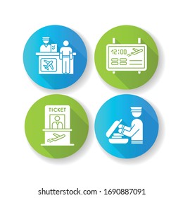 Airport terminal flat design long shadow glyph icons set. Registration desk for airplane passengers. Information about flights on electronic board. Baggage check. Silhouette RGB color illustration