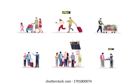 Airport terminal flat vector illustrations set. Pandemic precaution healthcare check on border. People in medical masks hurry for departure. Airplane passengers isolated cartoon characters kit