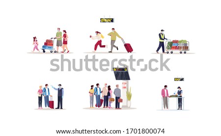 Airport terminal flat vector illustrations set. Pandemic precaution healthcare check on border. People in medical masks hurry for departure. Airplane passengers isolated cartoon characters kit