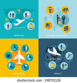 Airport terminal flight services concept flat icons set of passenger arrivals departures passport control luggage check and mass transit for infographics design web elements vector illustration