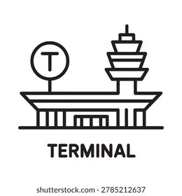 airport terminal icon with control tower and circular sign