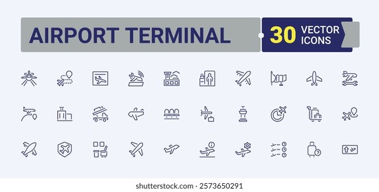 Airport Terminal icon set. Related to transportation, waiting, ticket, transport, tourism, elevator and more. Collection for mobile and web apps. Editable stroke.