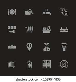 Airport Terminal icons - Gray symbol on black background. Simple illustration. Flat Vector Icon.