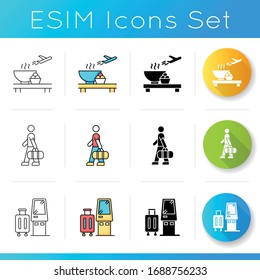 Airport terminal icons set. Serving food in aircraft terminal cafe. Eat before flight. Male passenger with bag. Self service kiosk. Linear, black and RGB color styles. Isolated vector illustrations
