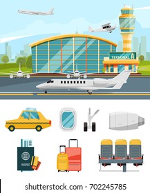 Airport terminal illustration, aircraft and different specific icons set. Airport with airplane, terminal with plane