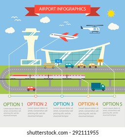 Los Elementos de diseño infográficos de la terminal del aeropuerto con diferentes vehículos de transporte, incluyen avión, helicóptero, tren, automóvil, camión, autobús, Ilustración vectorial. 