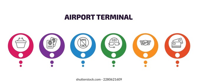 plantilla de infografía de terminal de aeropuerto con iconos y 6 paso o opción. iconos de terminal del aeropuerto, como cesta libre de impuestos, dos pasaportes, teléfono con cobertura, casco piloto, compañía aérea, dos tarjetas de crédito