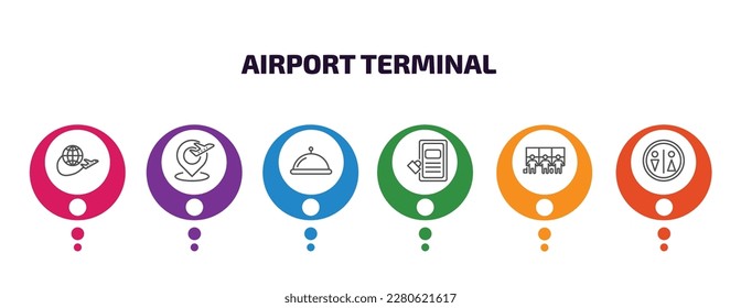 airport terminal infographic template with icons and 6 step or option. airport terminal icons such as trip, airport placeholder, tray with cover, airpot cupboard, queue,   vector. can be used for