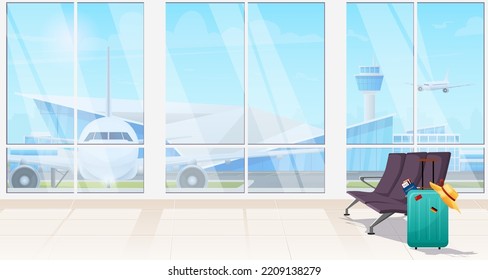 Flughafenterminal-Innenhintergrund-Banner. Leere Wartezimmer, Abreisehalle mit touristischem Gepäck, blaues Kofferplakat. Flugzeug, Flugzeug, Flugzeug außerhalb des großen Fensters. Flaches Vektorgrafik