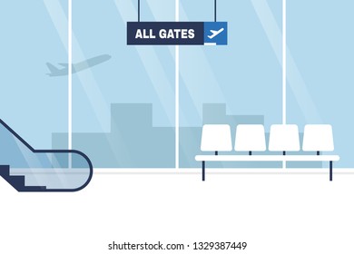 Airport Terminal. Interior. No People. Waiting Area. All Gates. Boarding. Flat Editable Vector Illustration, Clip Art