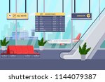 Airport terminal interior, vector flat illustration. Empty waiting lounge or departure hall with red chairs, escalator, panoramic window and airplane on background.
