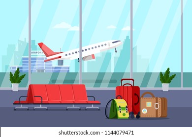 Airport terminal interior, vector flat illustration. Empty waiting lounge or departure hall with red chairs, luggage bags, panoramic window and airplane on background.