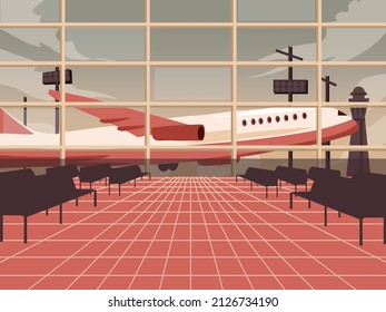 Airport terminal interior. waiting hall, arrival, and departure. concept flat vector illustration. Airplane taking off seen throughout the windows
