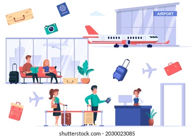 Airport terminal isolated elements set. Bundle of passengers go passport control, tourists with luggage sitting in waiting room, world trip. Creator kit for vector illustration in flat cartoon design