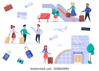 Conjunto de elementos aislados de la terminal del aeropuerto. Un grupo de pasajeros enmascarados se encargan del control de temperatura, turistas con equipaje van a embarque, viaje al mundo. Kit de creación para ilustración vectorial en diseño de dibujos animados planos