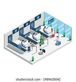 Airport terminal isometric composition passengers check in and passport control area prior of flight departure vector illustration 