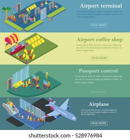 Airport terminal isometric flat vector illustration,  web banners set, template 