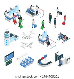 Airport terminal isometric set with airplanes flight crew passengers check in security gates luggage carousel vector illustration