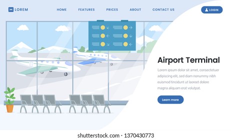 Airport terminal landing page vector template. Empty departure lounge, waiting room, hall interior, airlines flat web banner design. Seats rows, bench, timetable, schedule monitor cartoon illustration