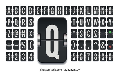 Airport terminal mechanical flip board alphabet to display stock exchange rates. Black scoreboard abc font with numbers for financial markets or flight departure information vector illustration.