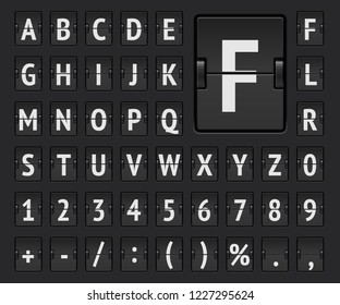 Airport terminal mechanical flip scoreboard alphabet font with numbers to display flight departure, destination or arrival information and timetable. Vector illustration.