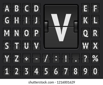 Airport terminal mechanical scoreboard alphabet with numbers for showing flight departure or arrival information. Black flip board regular font to display destination and timetable vector illustration