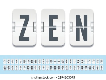 Airport terminal mechanical scoreboard alphabet with numbers for showing flight departure or arrival information. White flip board font to display status or message vector illustration.