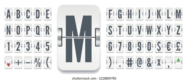 Airport terminal mechanical scoreboard alphabet with numbers for showing flight departure or finance information. White flip board regular font to display stock exchange rates vector illustration