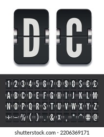 Airport terminal mechanical scoreboard font with numbers for departure information and timetable showing. Vector illustration. Airline flip board bold alphabet for flight destination or arrival info