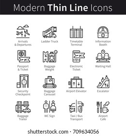 Airport Terminal Navigation Pictogram Set. Signage Systems Signs: Plane, Check-in, Passenger Service, Baggage, Air Traveling. Modern Thin Line Art Icons. Linear Style Illustrations Isolated On White.