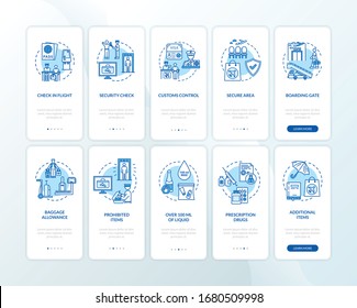 Airport terminal onboarding mobile app page screen with concepts set. Commercial airline services walkthrough five steps graphic instructions. UI vector template with RGB color illustrations