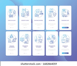 Airport terminal onboarding mobile app page screen with concepts set. Commercial airline services walkthrough five steps graphic instructions. UI vector template with RGB color illustrations