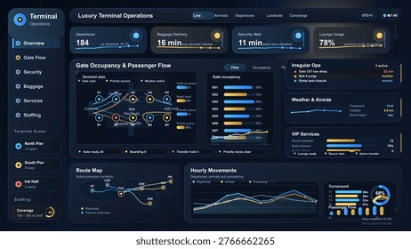 Airport terminal operations dashboard interface with gate occupancy, passenger flow, baggage delivery and security metrics