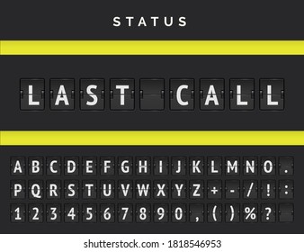 Airport Terminal Panel With Flight Status. Vector Departure Flip Scoreboard Announcing Last Call For A Flight