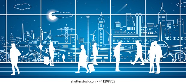 Airport terminal, airport panorama, aircraft on runway, airplane takeoff, people expect flight,  city infrastructure on background, vector design art