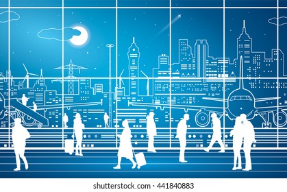 Airport terminal, airport panorama, people expect flight, night city on background, vector design art