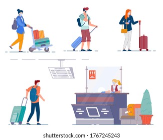 Airport terminal people. Men and women tourists carrying luggage bags and suitcases during coronavirus pandemic, airport terminal departure check-in desk. Traveler passenger people characters, tourism