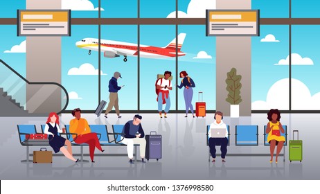 Airport terminal. People travel tourist with luggage control hall departure airport waiting passengers transit takeoff plane vector concept